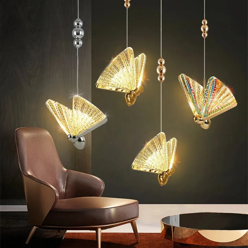 Nyhetsartiklar Butterfly LED Pendant Lights Nordic Hanging Lamp Inomhusbelysning för sängen Living Matsal Kök Pendente 231017