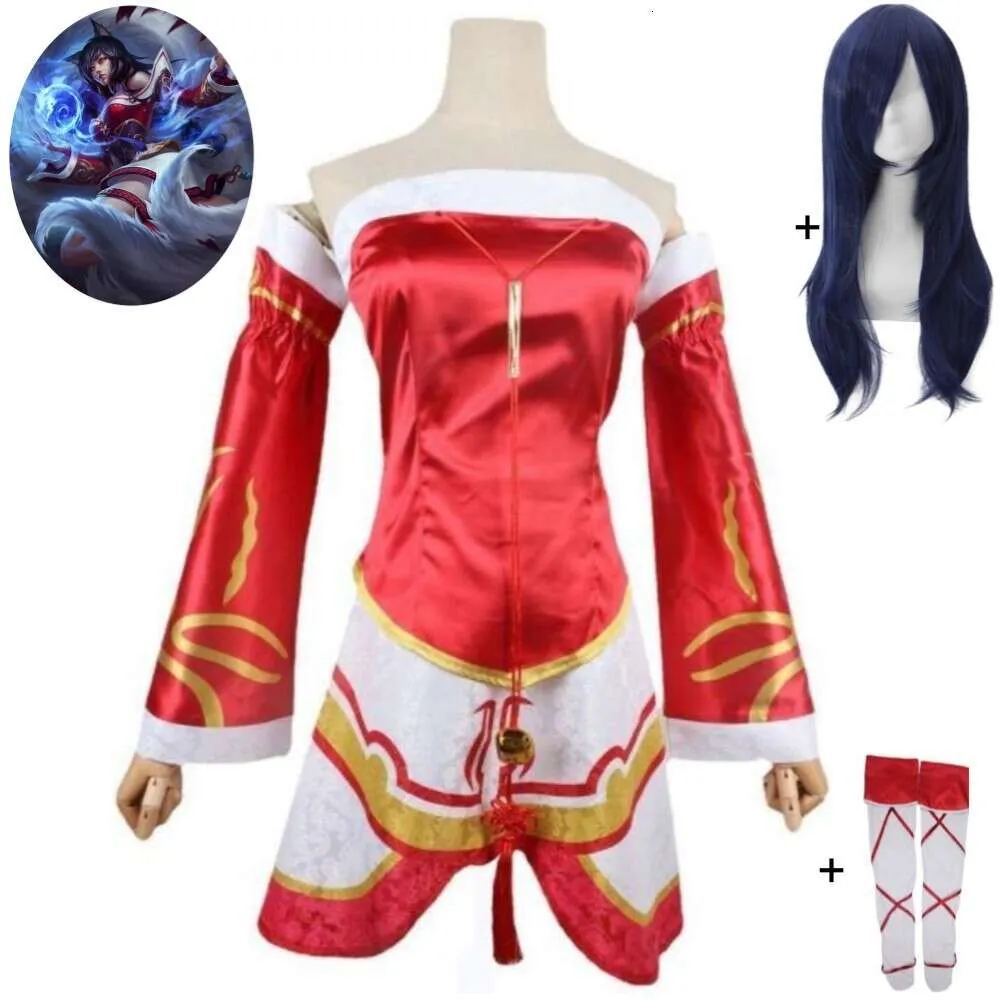 Cosplay cosplay game lol ahri nio tailed räv kostym peruk anime sexig kvinna röd klänning hallowen carnival party kimono uniform kostym