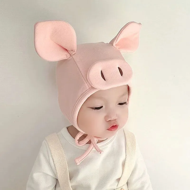 Caps Hats Korean Lovely Pig Nose Baby Hat Kawaii Spring And Autumn Baby Cute Cap born Children Girl Boys Ear Protection Hat Earmuff 231017