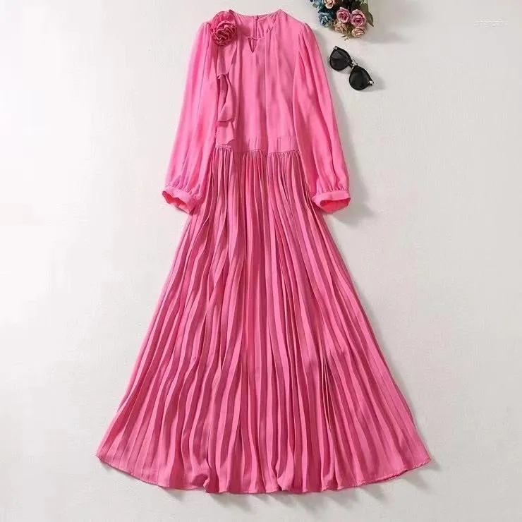 Casual Dresses European and American Women's Clothing 2023 Autumn V-Neck Three-Quarter Sleeve Pink Stereo-Discus Fashion Pleated Dress XXL