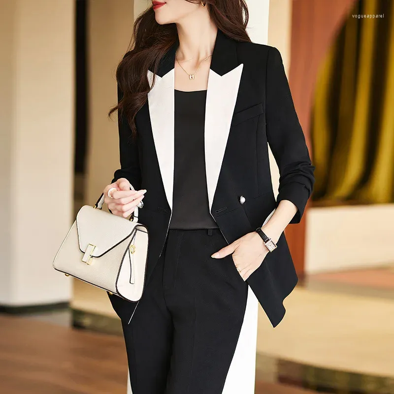 Women s Two Piece Pants Tesco Autumn Suit Contrast Patchwork Color Blazer For Lady Formal Business Suits Women Wear Mujer