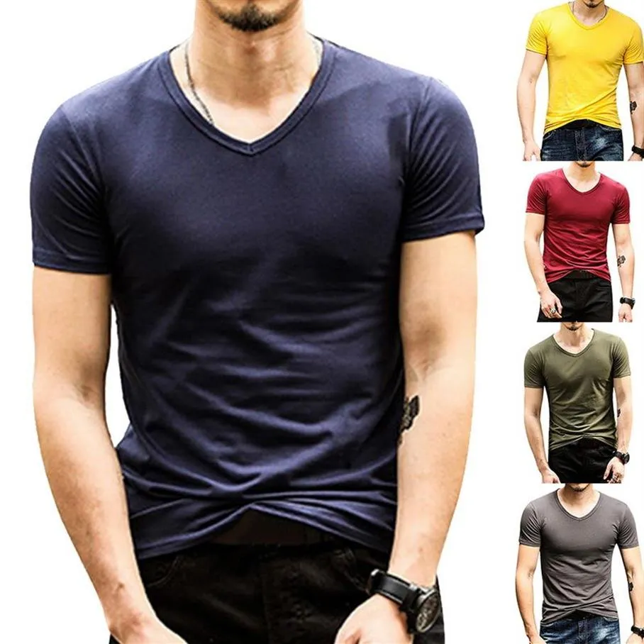 T-shirt à manches courtes pour hommes, col en V, hauts à la mode, Slim, Fitness, vêtements de sport, course à pied, Camisetas Hombre311M