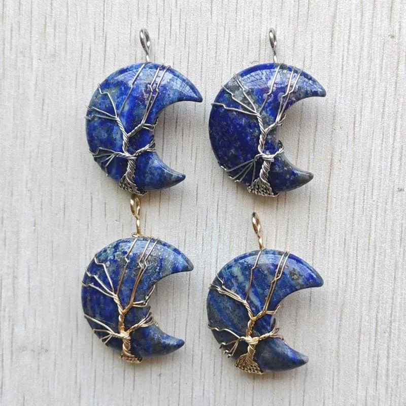 Pendentif Colliers Naturel Lapis Lazuli À La Main Arbre De Vie Fil Enveloppé Lune Pendentifs Pour Hommes Femmes Bijoux En Gros 4 pcs/lot