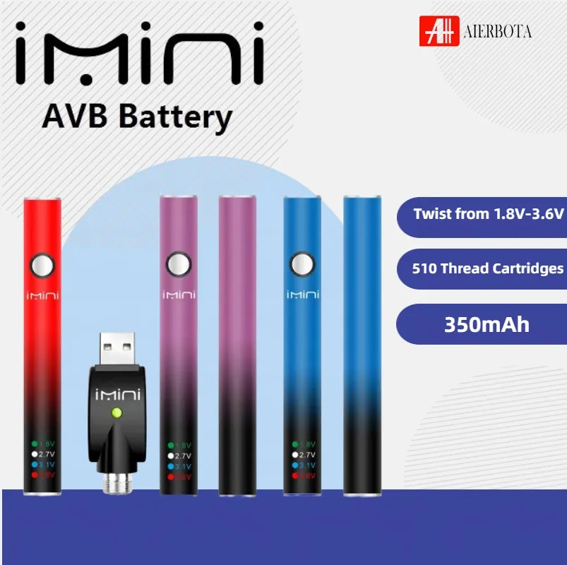 AVB-Knopfbatterie, Direktverkauf ab Werk, AVB Vapes-Batterie mit 4-Stufen-Einstellung für 510 Vape Pen-Kartuschen in Display-Box, 350 mAh, variable Spannung, Vorheizen