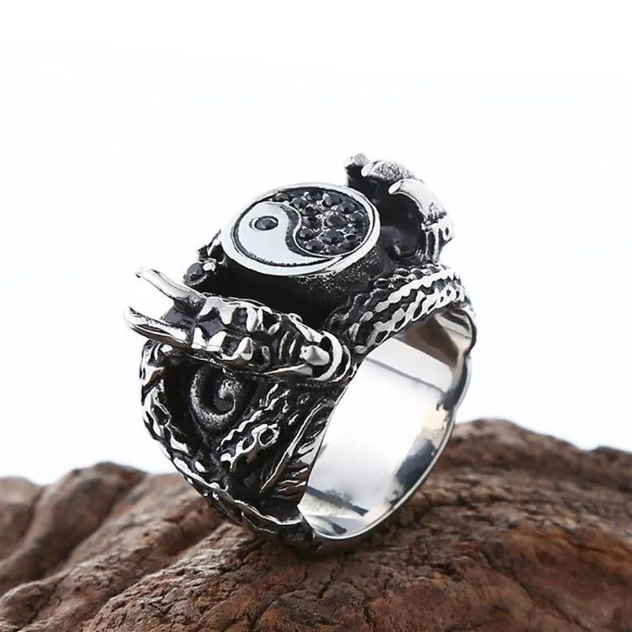 Klusterringar punk yin yang taiji vintage silver färg etnisk mode drake claw metal ring för män retro smycken bague hemme274f