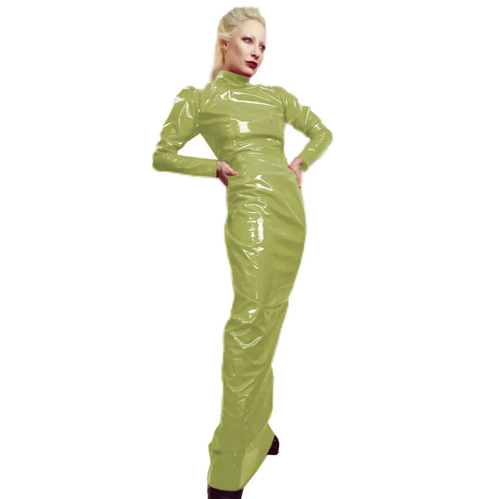 Wetlook Pvc Leather Leotard Maxi Dress Turtleneck Long Sleeve Bodycon Hobble Dress Fetish Goth Party Club Evening Dresses S-7xlAnime Costumes