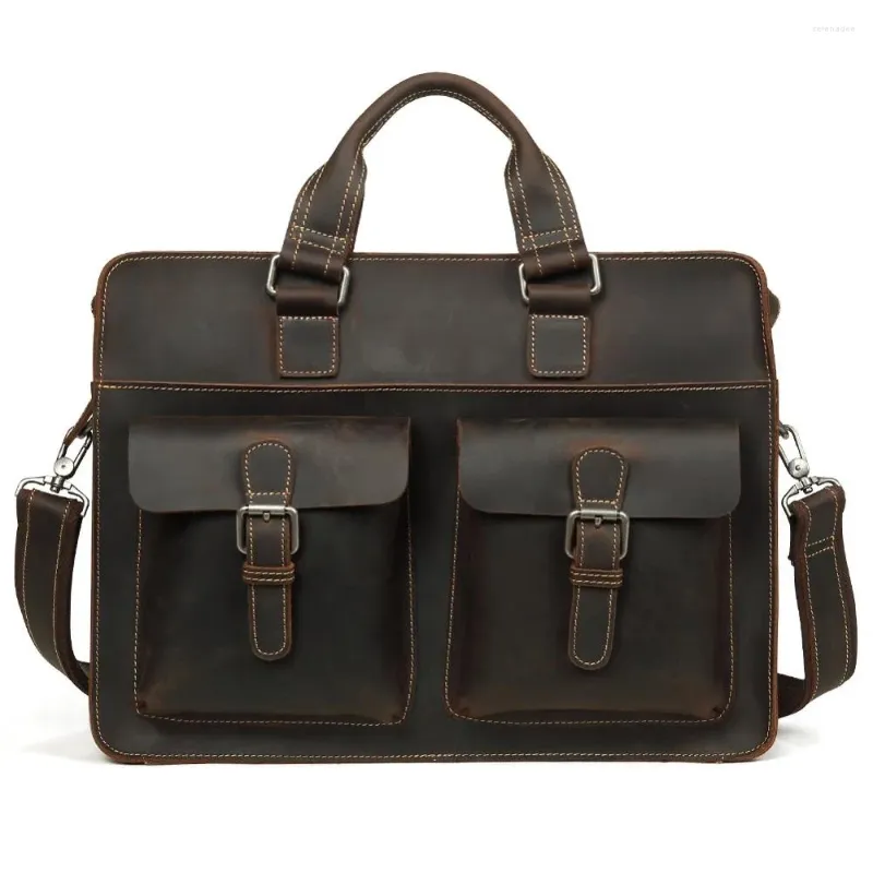 BROCTHUSES HERRENS PREOTCAFE VINTAGE CRAZY HORSE LEATHER LAPTOP BAG BUSINESS Guine 15.6 "Axelhandväska