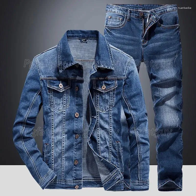 Tute da uomo Semplice giacca blu e jeans Set da 2 pezzi per uomo Abbigliamento da lavoro elasticizzato in stile coreano slim-fit Primavera Autunno Bussiness Daily Denim