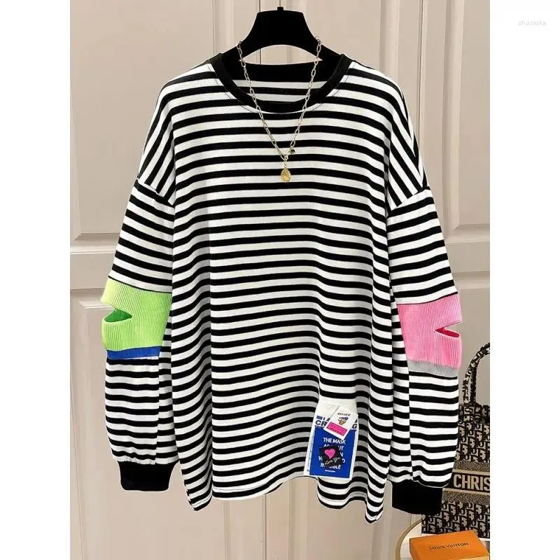 Women's T Shirts Autumn Winter Thin Clothing 2023 Casual Korean Fashion Loose Patchwork Striped O-neck Long Sleeve Pullovers T-Shirts