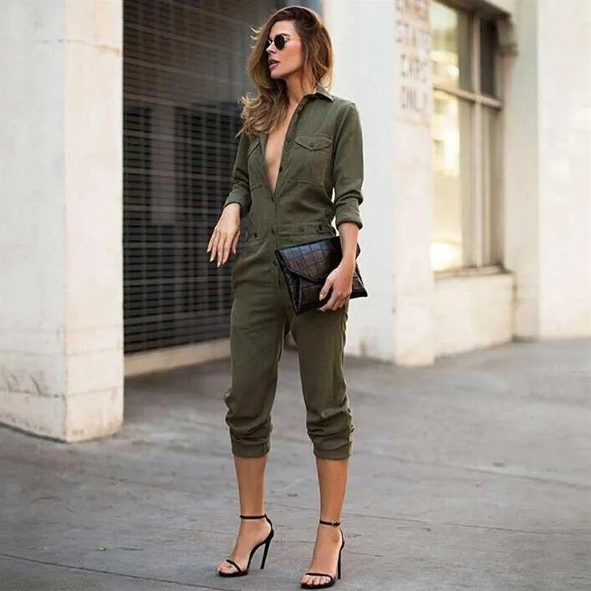 Tuta cargo da donna Cintura con fibbia Pagliaccetto militare Tuta a righe con zip frontale Pantaloni a maniche lunghe femminili Streetwear Salti da donna338v