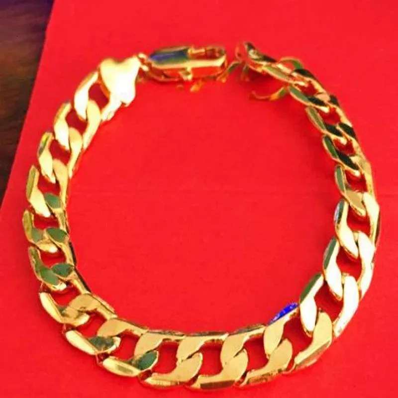 Zincir Toptan 24K Altın Dolu 10mm Curb Bağlantı Zincir Bileklik Erkekler için Kadınlar 20 cm Uzun Fashion Saf Gold Renk Küba Bilezik Takı 231016