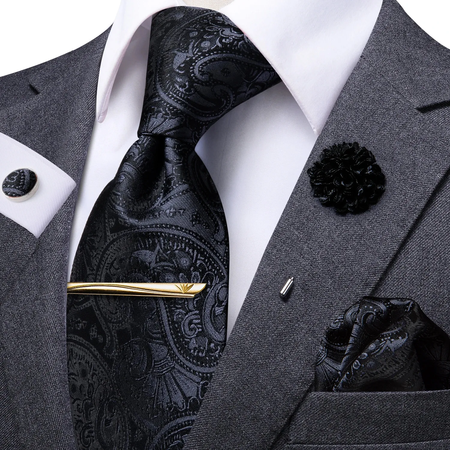 Boyun bağları hi-tie iş siyah paisley kravat erkekler için ipek erkekler kravat kutusu hediye erkekler için lüks kravat hanky kolkluslar ayar resmi elbise 231013