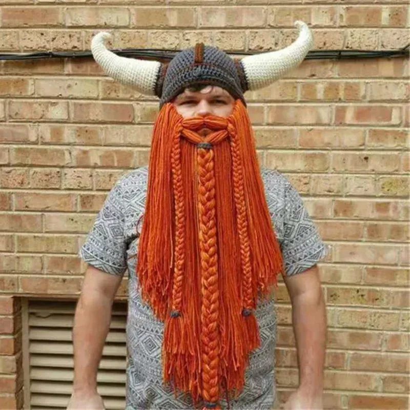 Breda randen hattar hink hattar jul roliga män viking stickad peruk lång skägg horn hatt vagabond barbarian galen skid cap beanie halloween 231016