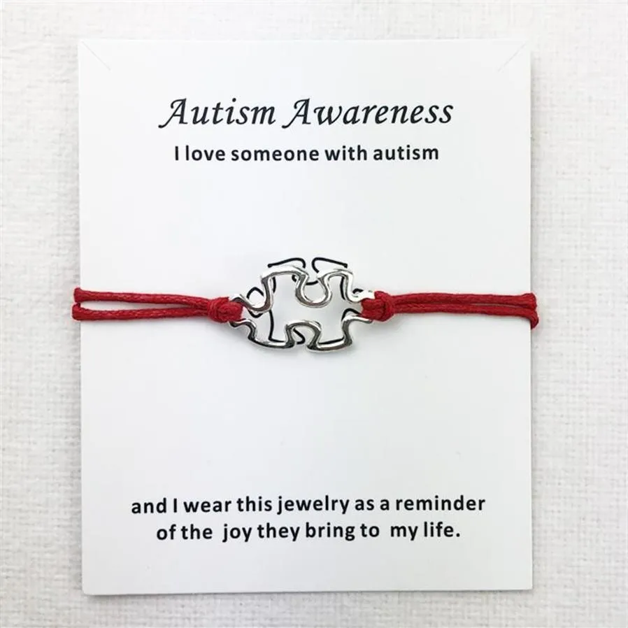 Braccialetti con ciondoli Consapevolezza Autismo Charms Polsino multistrato Corda di cera rossa Placcato argento antico Donna Uomo Unisex con braccialetto con carta Jew2389