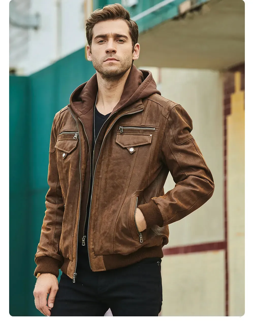 Men's Pigskin Leather Jacket with Removable Hood Brown Zipper