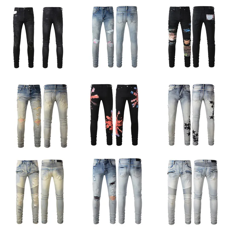 Jeans pour hommes jeans de marque lettre imprimée jean long hippop autocollant broderie slim denim streetwear droit pantalon skinny en détresse Ripped Biker Slim Fit taille 29-38