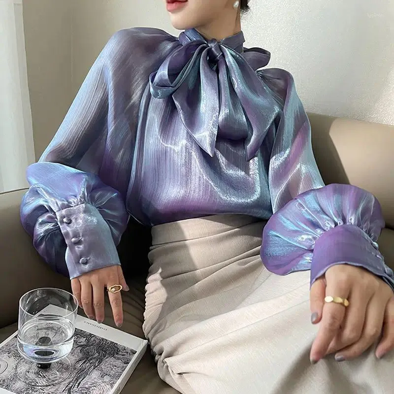 البلوزات النسائية bowknot شبكية بلوزة نسائية 2023 أنيقة مزاجي سيدة شيفونتوبس أزياء مشرق الأرجواني القميص الطويل الفانوس