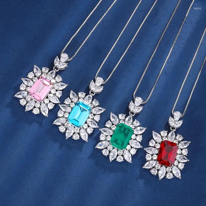 Pendant Necklaces EYIKA Luxury Square Created Ruby Stone Flower Necklace Zircon Sky Blue Pink Green Fusion Crystal Women Jewelry