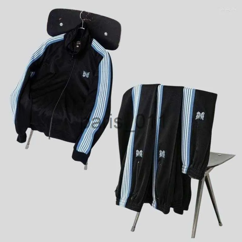 Calças masculinas calças masculinas 23ss agulhas awge jaquetas azul borboleta bordado listras preto sweatpants treino para homens mulheres x1017