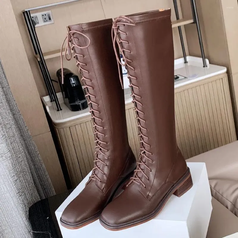 Boots 85 النسائية الأصلية للسيدات Danxuefei 34-42 بالإضافة إلى Lace-Up Lace-Up Back Zip Flats Autumn Knee High Knight For Women للبيع 112 699