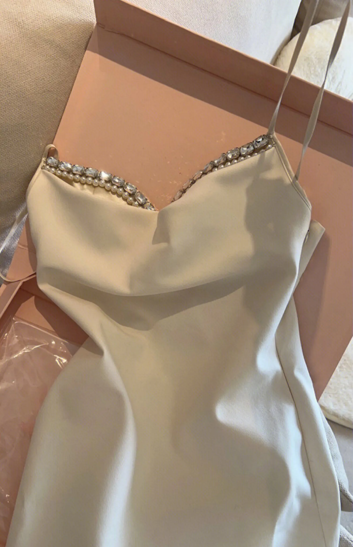 2023 Miu/M Premium Pearl Diamond Strap Low Back Dress Thin 2023 Miu/M Premium Pearl Diamond Strap Low Back Dress Thin