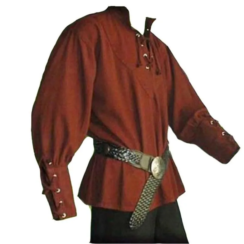 Chemises décontractées pour hommes Hommes médiévaux européens Mode Vintage Style Renaissance Col montant Chemise en lin lâche Homme Prince Servan231O