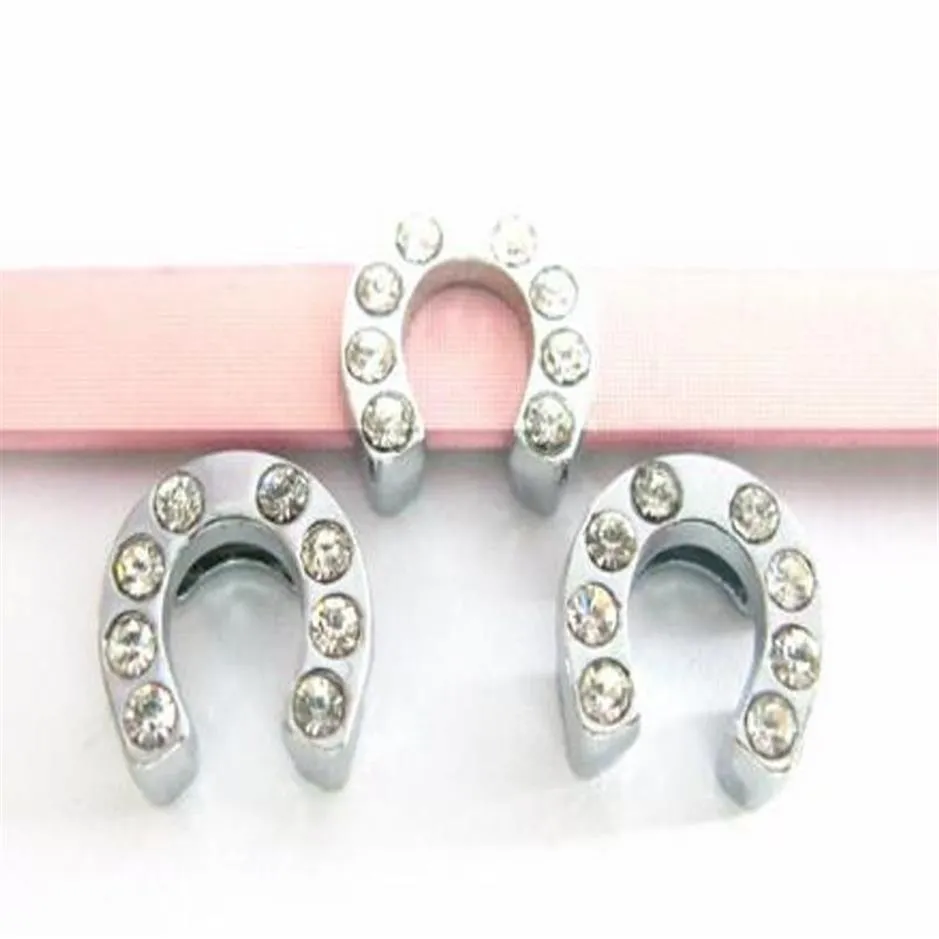 20 50pcs lot 8mm rhinestones horse hoof horseshoe slide charms diy accessories fit for 8MM wristband bracelet fashion jewelrys295E