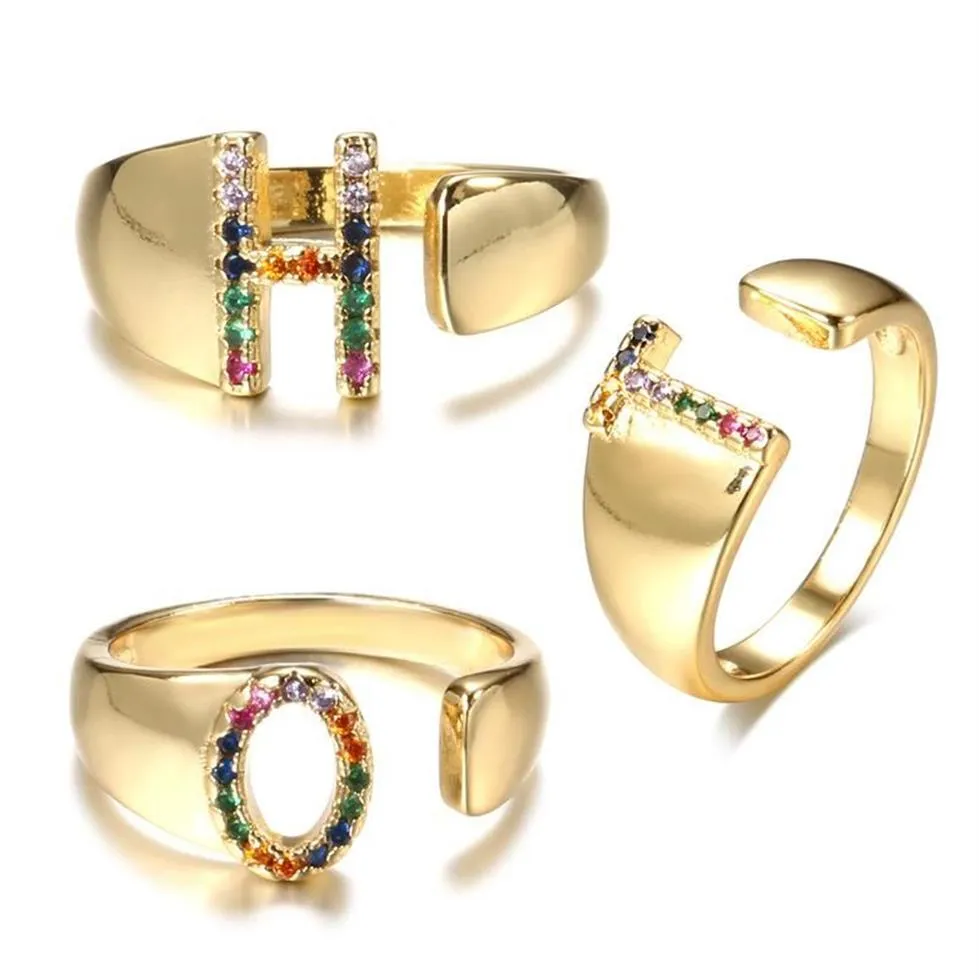 Anéis de cluster anel inicial ajustável para mulheres boêmio arco-íris zircão ouro cor letra nome dedo acessórios masculinos jóias230k