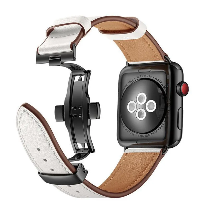 Pulseira de couro genuíno com fecho borboleta, pulseira inteligente 38/40/41mm 42/44/45/49mm para apple watch series ultra 9 8 7 6 5 4