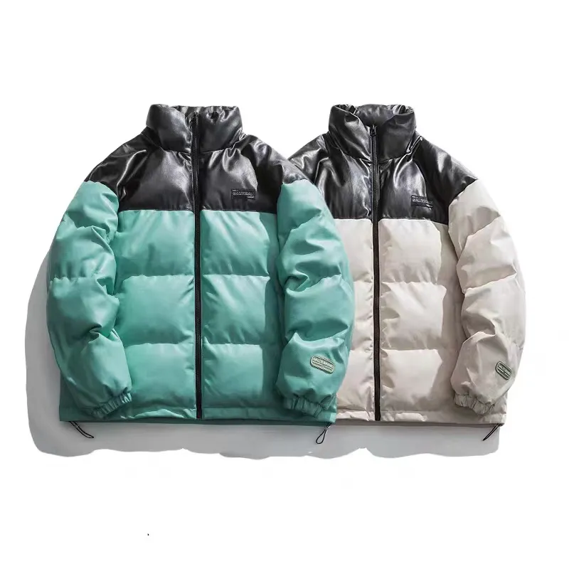 Winter Coat Puffer Jacket PU Mens Coat Splicing Stand Collar Cotton-Padded Coat Men Loose Couple Thick Bread Suit