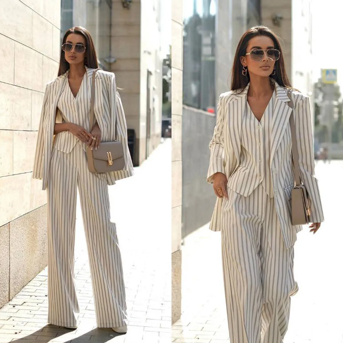Three-Piece Set Contrast Trim Gold-Button Blazer Suit Set