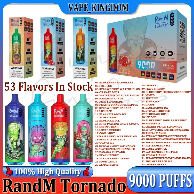 Orijinal Randm Tornado 9000 Puf Puf Tek Kullanımlık E Sigaralar 0.8ohm örgü bobin 18ml Pod Pil Şarj Edilebilir Elektronik CIGS Puff 9k 0% 2% 3% 5% RBG Işık Vape Kiti VPAE