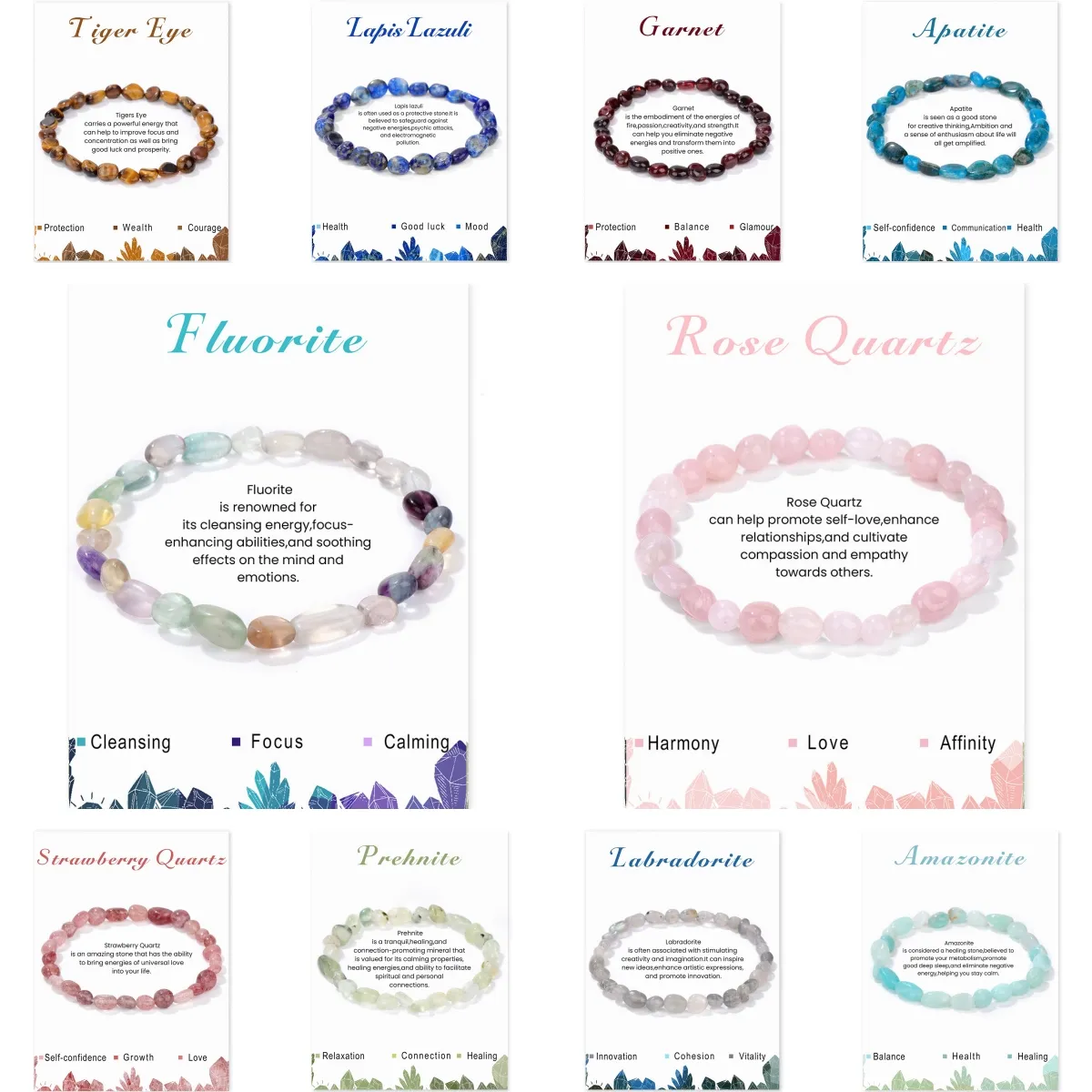 Bracelet à brins de pierre d'énergie de guérison Reiki, Lapis œil de tigre, Quartz Rose, fluorite, carte de message, perles irrégulières, élastique, pour femmes et hommes