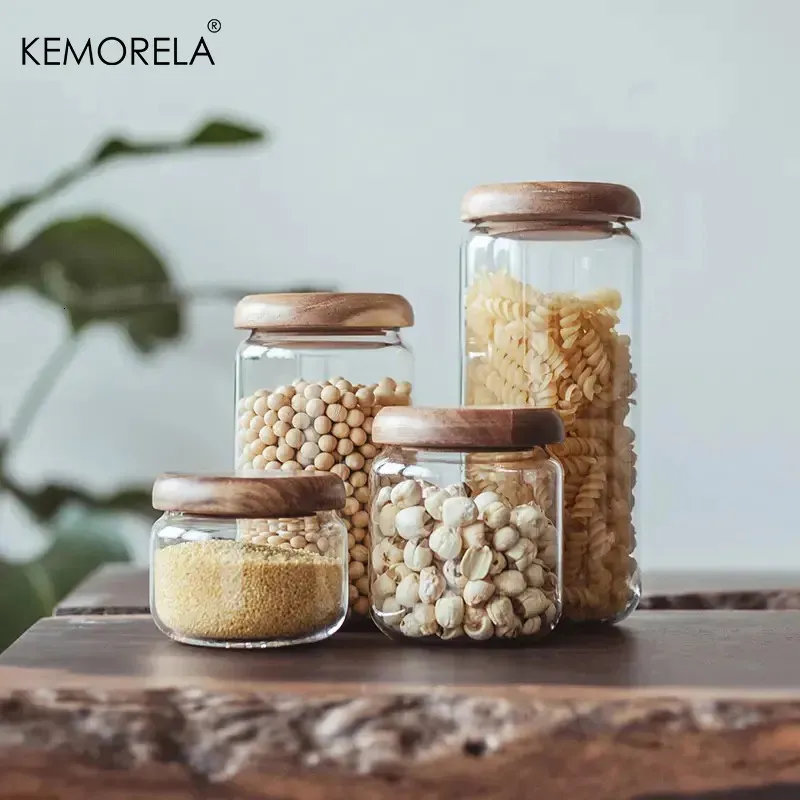 Herb Spice Tools KEMORELA Recipiente de armazenamento de alimentos transparente Jar Acácia Madeira Rodada Chá Seco Frutas Lanches Cozinha Vidro Selado 231018