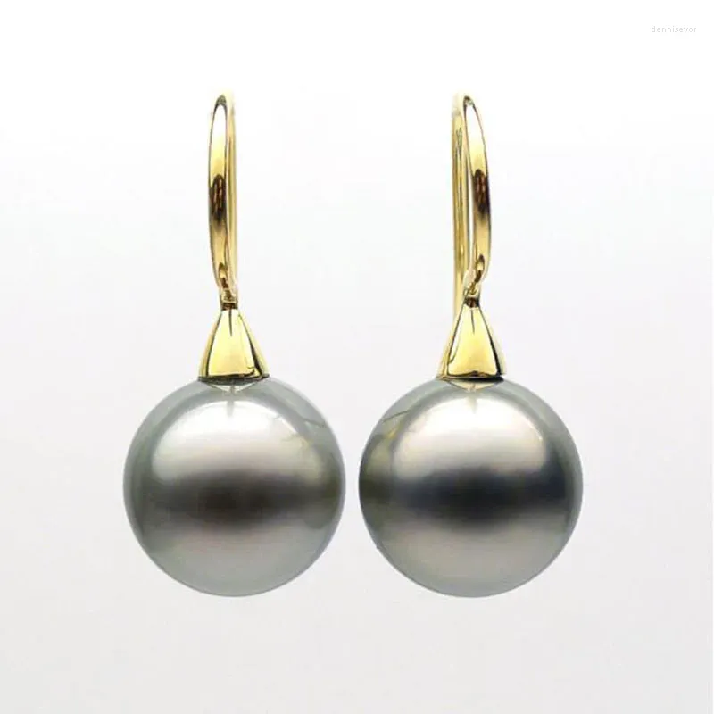 Dangle Earrings 9K Yellow Gold Round Gray Tahitian Cultured Pearl Hook Drop 10-11MM