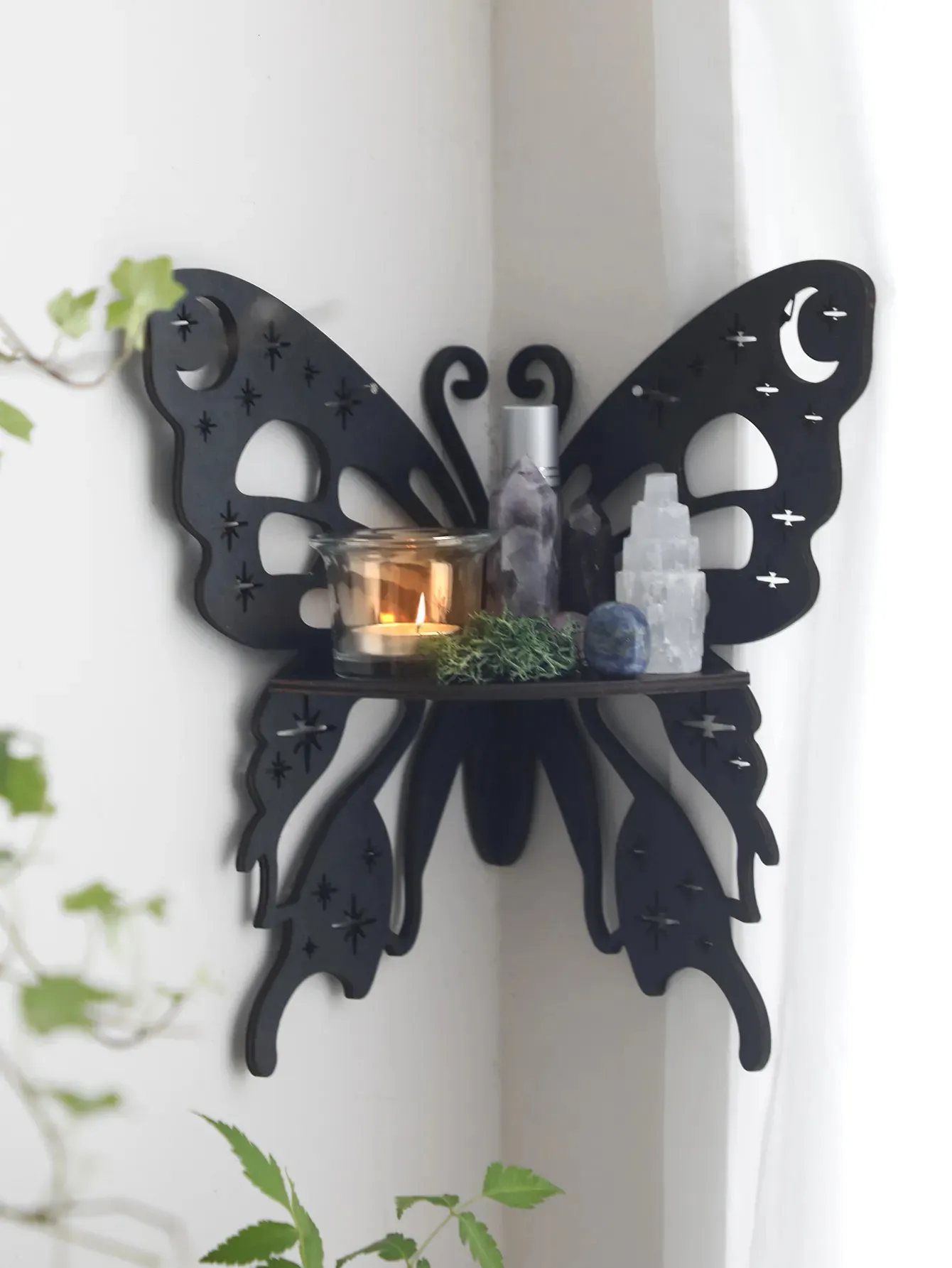 Uchwyty magazynowe stojaki krystaliczna półka ścienna drewniany motyl Lotus Moth Stojak na wiszące wyświetlacz Boho Dekoracja Dekoracji Dekoracja pokoju 231017