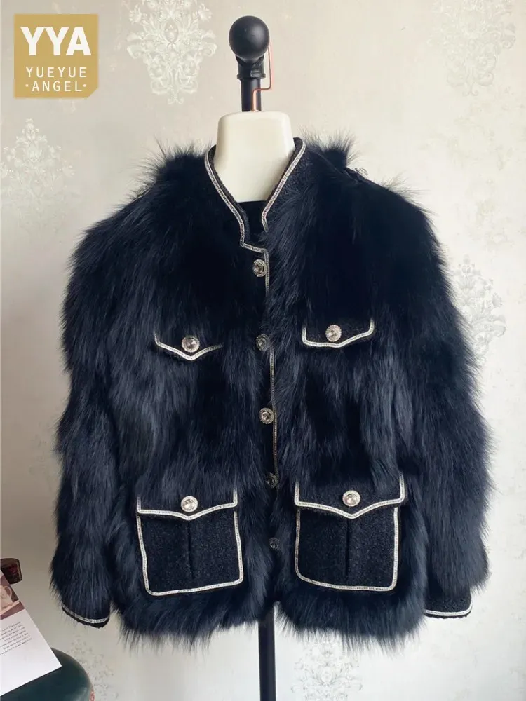 Womens Fur Faux Designer Women Diamonds Stand Collar High Quality Real Jackor Pockets Patchwork Vintage Autumn Party Natural Coat 231017