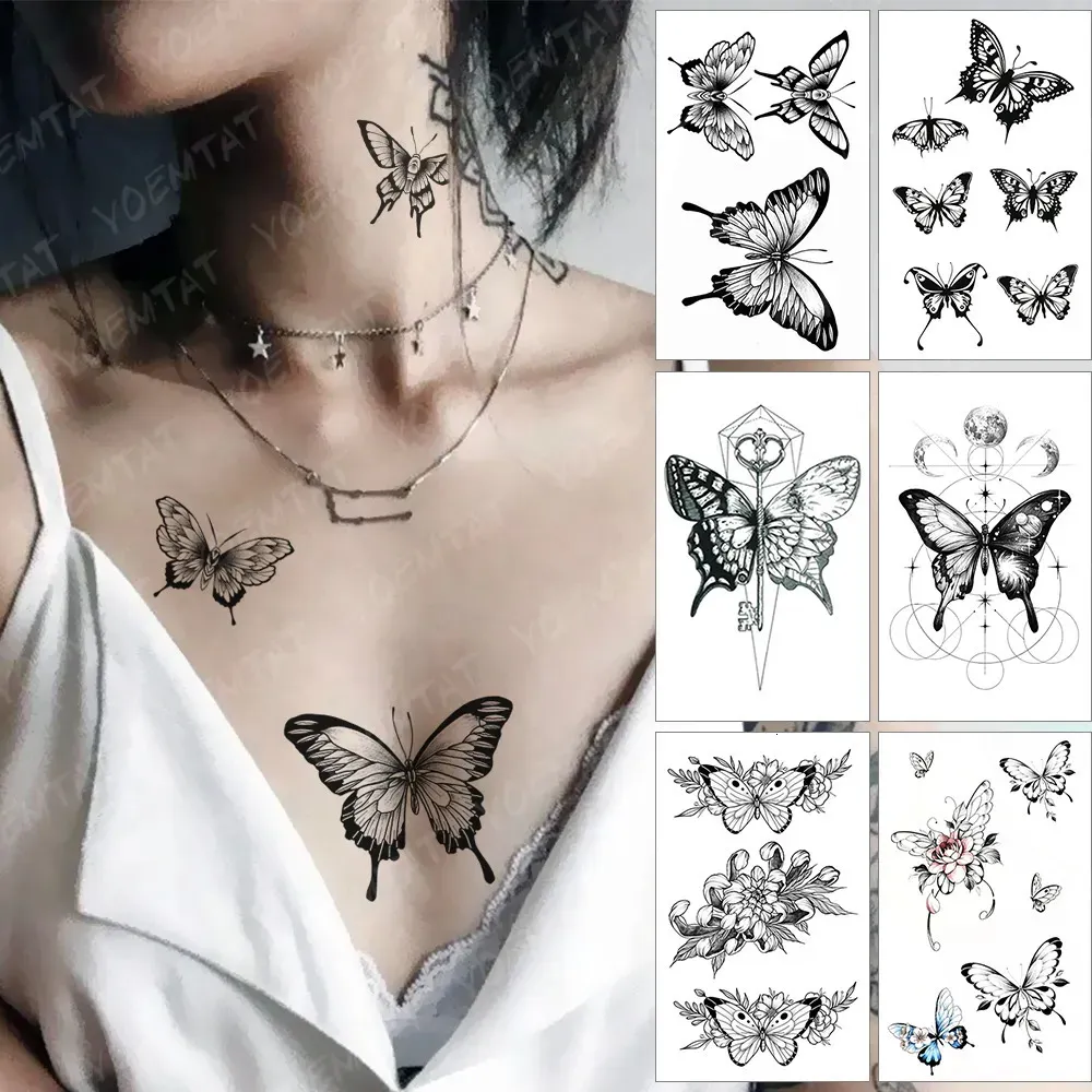 5 pezzi tatuaggi temporanei adesivi tatuaggio impermeabile farfalla nera rosa trasferimento flash tatoo donne sexy collo mano petto body art falso 231018