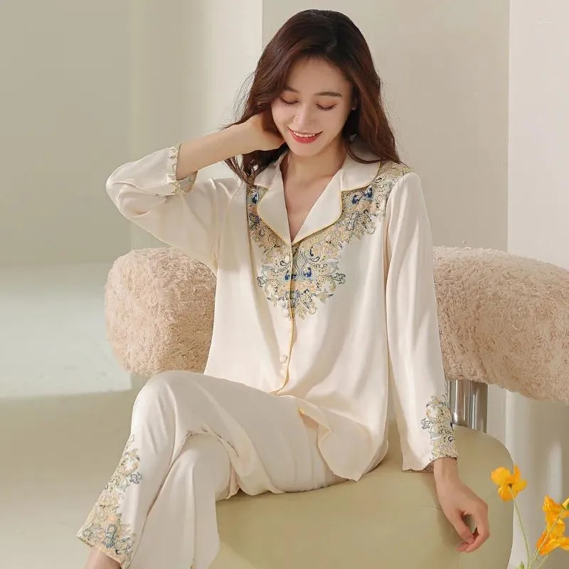 Women's Sleepwear Ice Silk Pajamas Women Spring/autumn Long Sleeve Pants Cool Simple And Snow Satin Light Cooked Pyjamas Sets