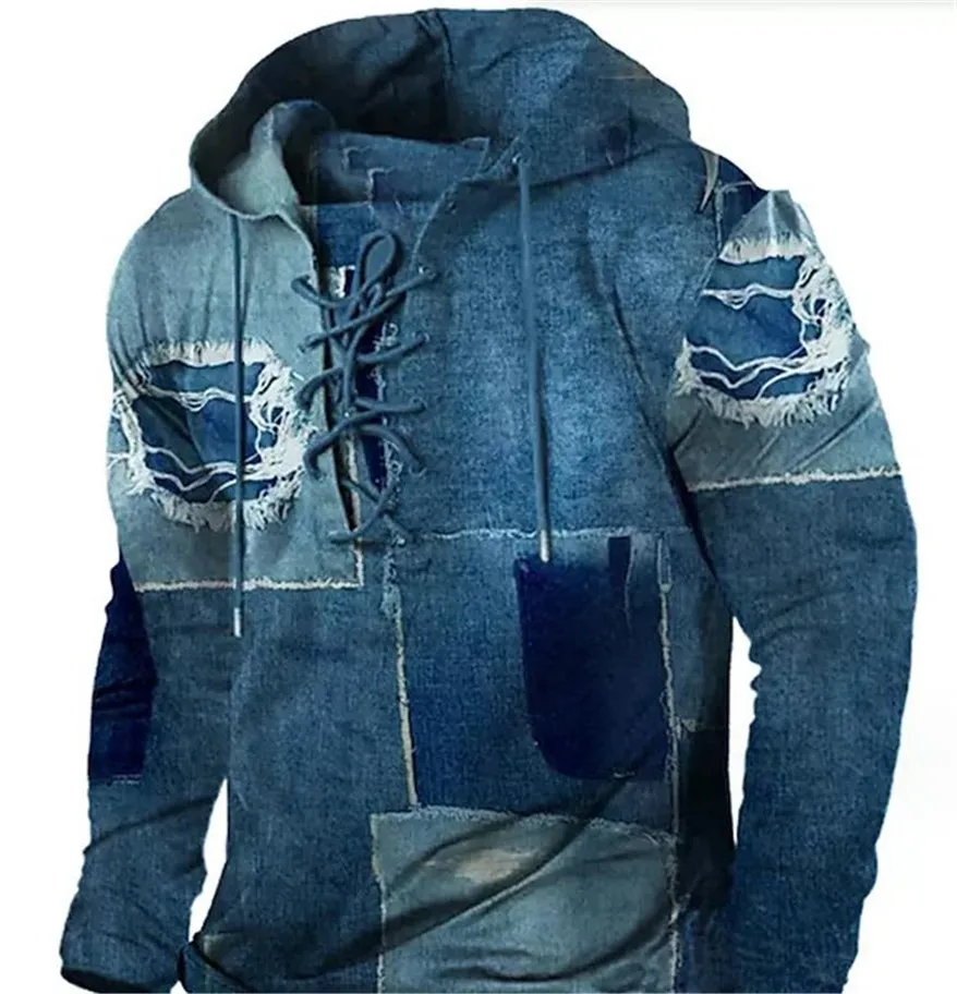 Custom Denim Printed Tees Polos Denim Hoodie Loose Fit Sweater