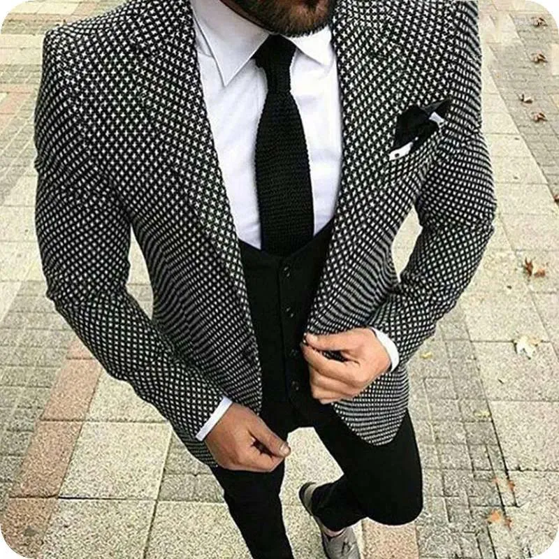 Mäns kostymer Houndstooth Men For Wedding Black and White Plaid Morning Middag Custom Slim Fit Casual Tuxedo Ternos Anzug Herren 3Pieces