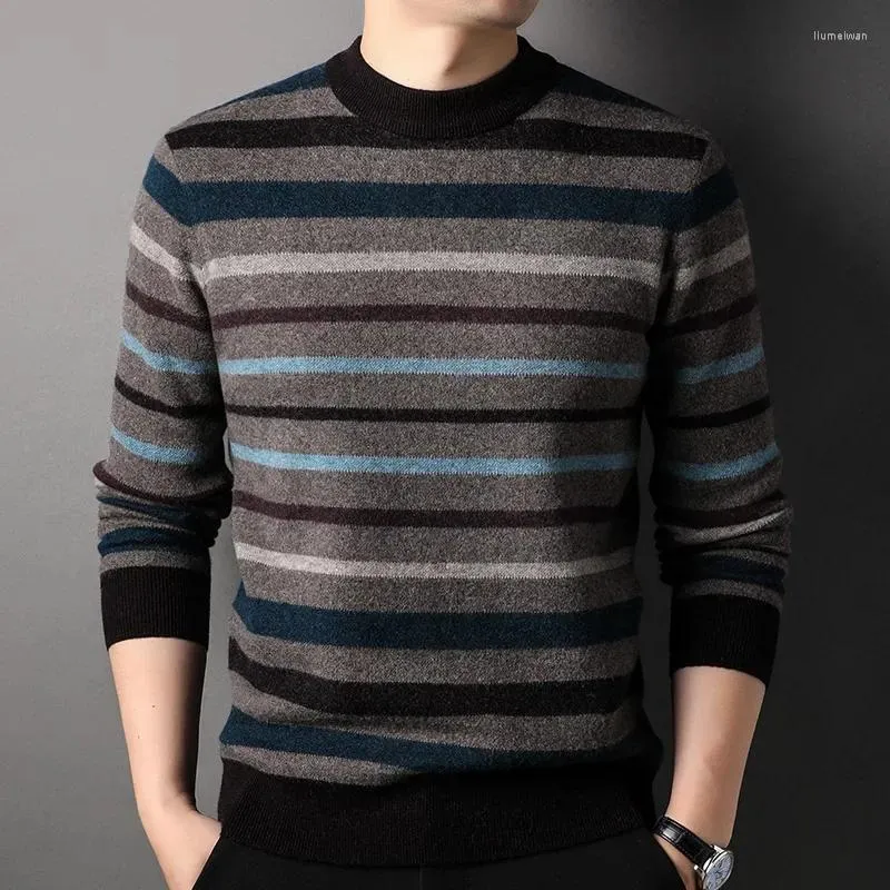 Мужские свитера, шерстяной свитер, осенне-зимний полосатый свитер смешанного цвета из чистой шерсти, утолщенный, теплый, корейский, повседневный, модный