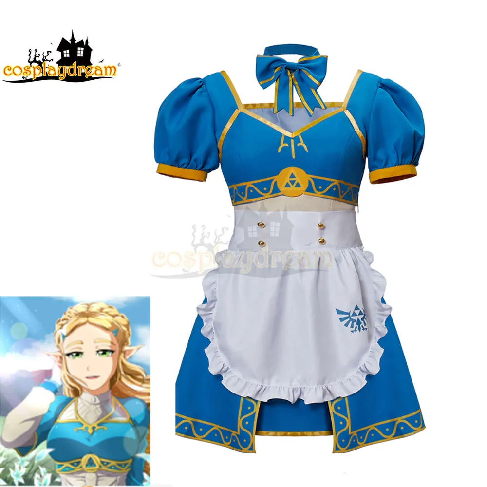 Princess Breath of the Wild Maid Costume Outfit kjolar Vita förkläde blå korta ärmar kjolar lolita klänning party cosplay kostym