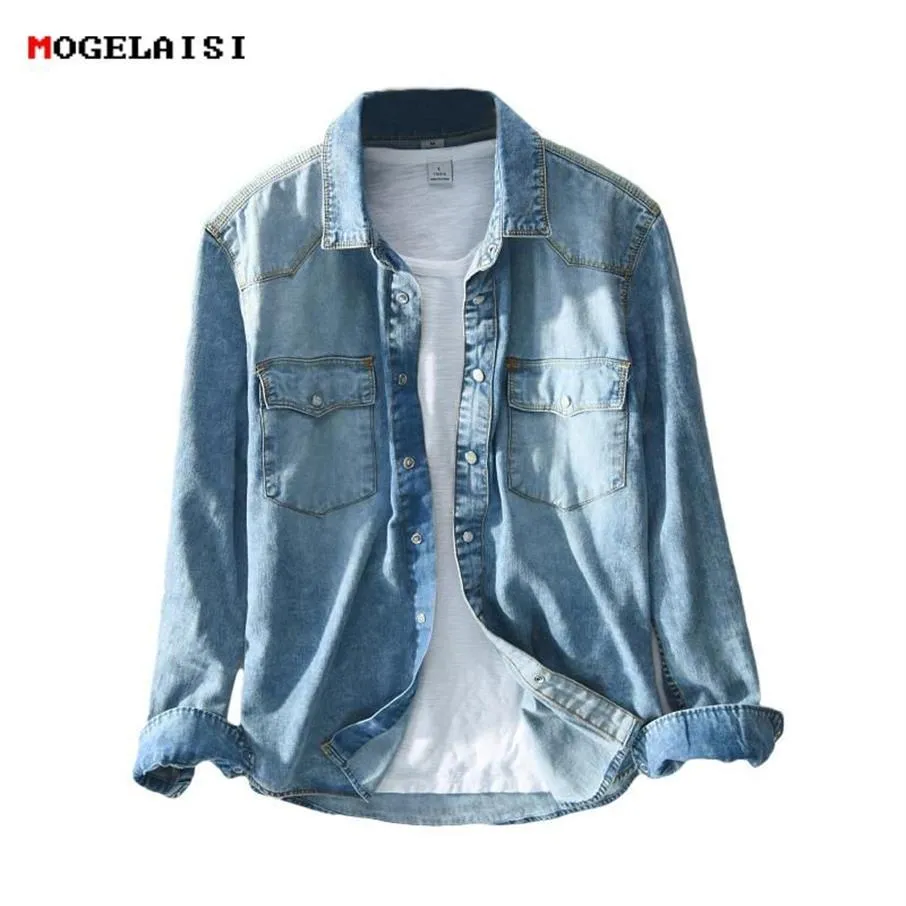 Mäns avslappnade skjortor safari stil smala retro jeans blå skjorta för man denim fickor manlig kemis homme camisa maskulina m-3xl 227v