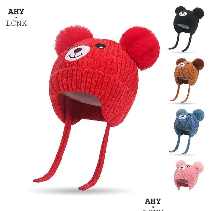 Berretti Cappelli Berretti Cappelli invernali Pompon Bambino con fodera in corda Cute Boy Girl Warm Bear Cappello lavorato a maglia Bambini Paraorecchie lavorato a maglia per bambino 221122 Ba Dhj1I