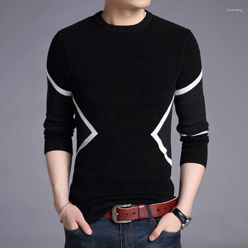 Мужские свитера 2024, осенне-зимняя брендовая одежда, свитер, мужской модный приталенный пуловер с геометрическим рисунком, вязаный пуловер с круглым вырезом