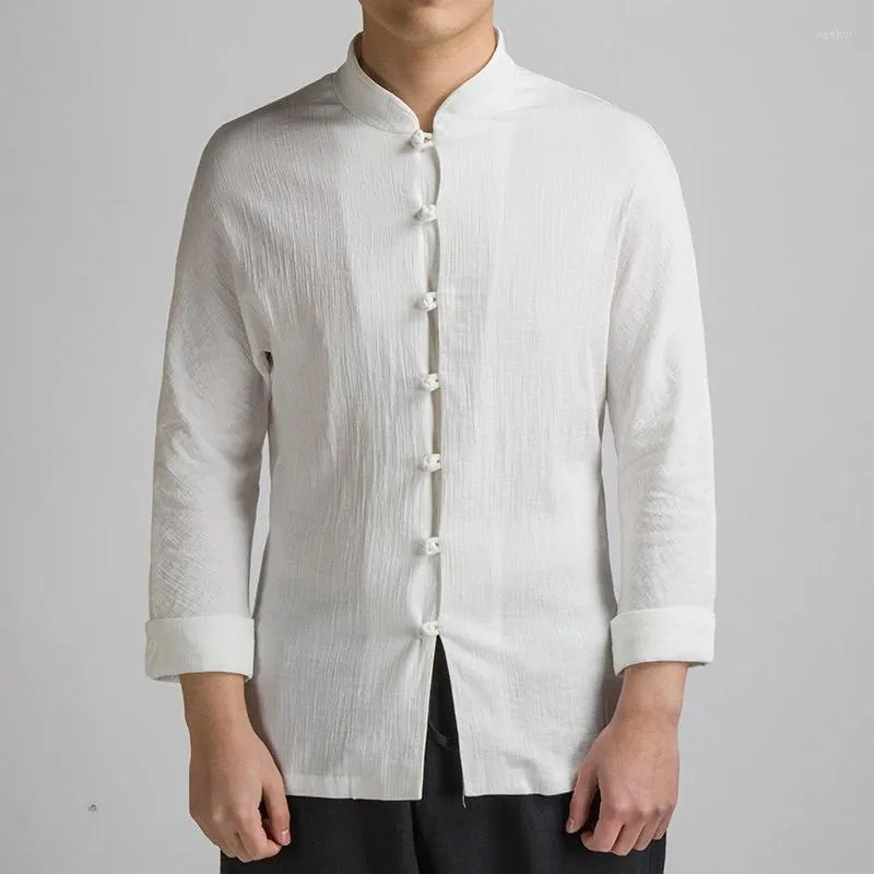 Mäns casual skjortor 2023 kinesiska traditionella kläder plus storlek lång ärm skjorta etnisk stil fast färg stativ krage harajuku topp