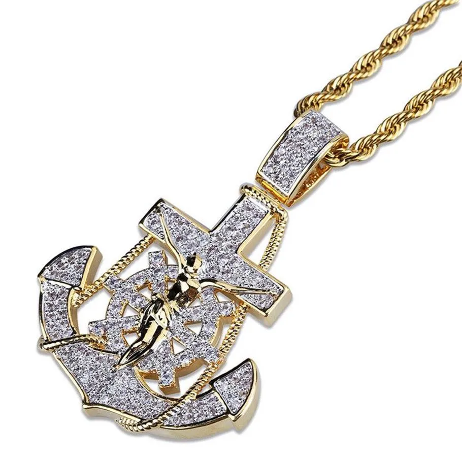 Collier pendentif croix ancre glacée pour hommes, plaqué deux tons, Zircon cubique Micro pavé, bijoux Hip Hop 264W