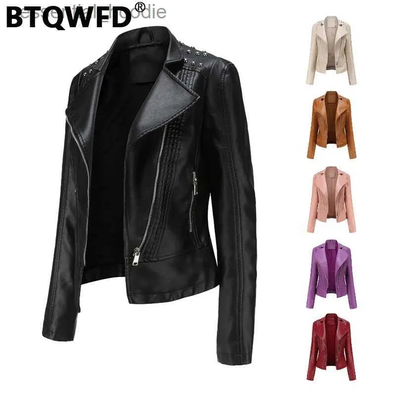 Cuir pour femmes Faux cuir BTQWFD Fe vêtements en cuir PU moto rivet vestes automne hiver manteaux femmes vêtements d'extérieur à manches longues mode 2023 nouveaux hauts L231018