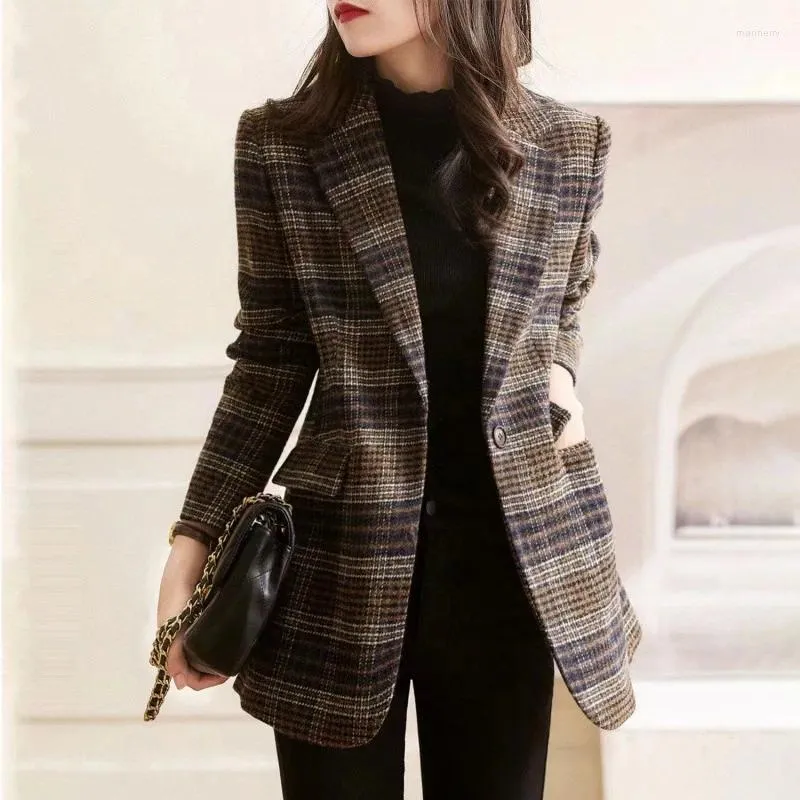 Costumes pour femmes femmes Plaid laine blazers droits automne hiver simple boutonnage veste en laine costume manteau